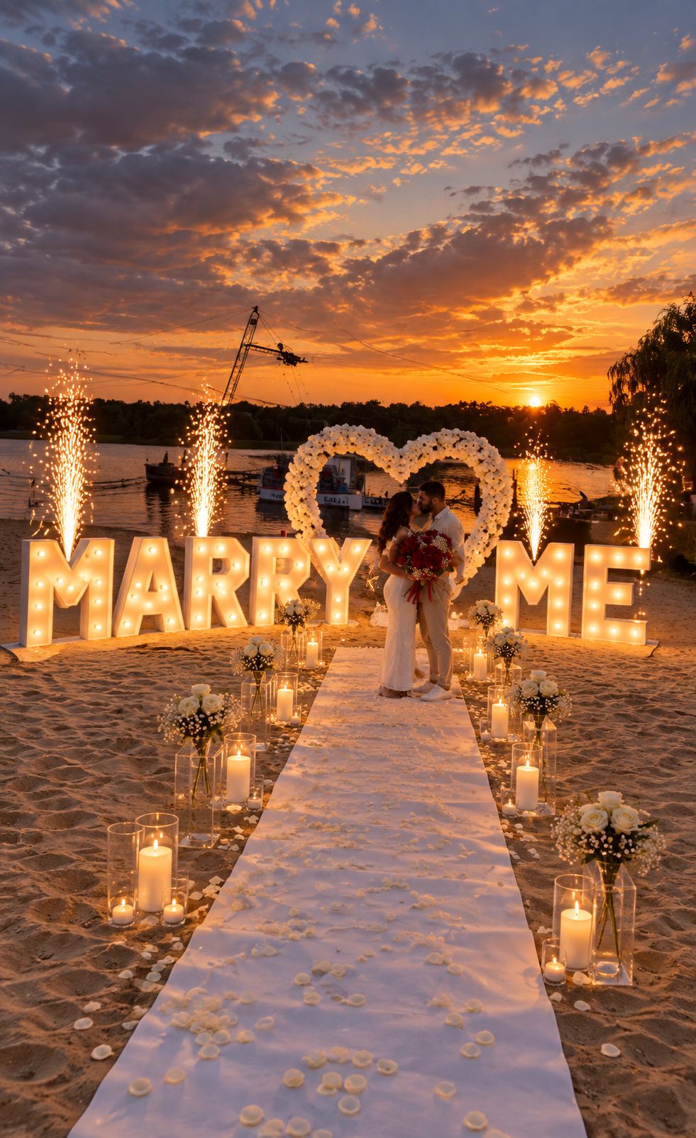Heiratsantrag am Strand bei Sonnenuntergang: Paar unter einem Herz aus weißen Blumen vor leuchtenden Marry-Me-Buchstaben, Fontänen, weißer Teppich mit Kerzen in Glaszylindern