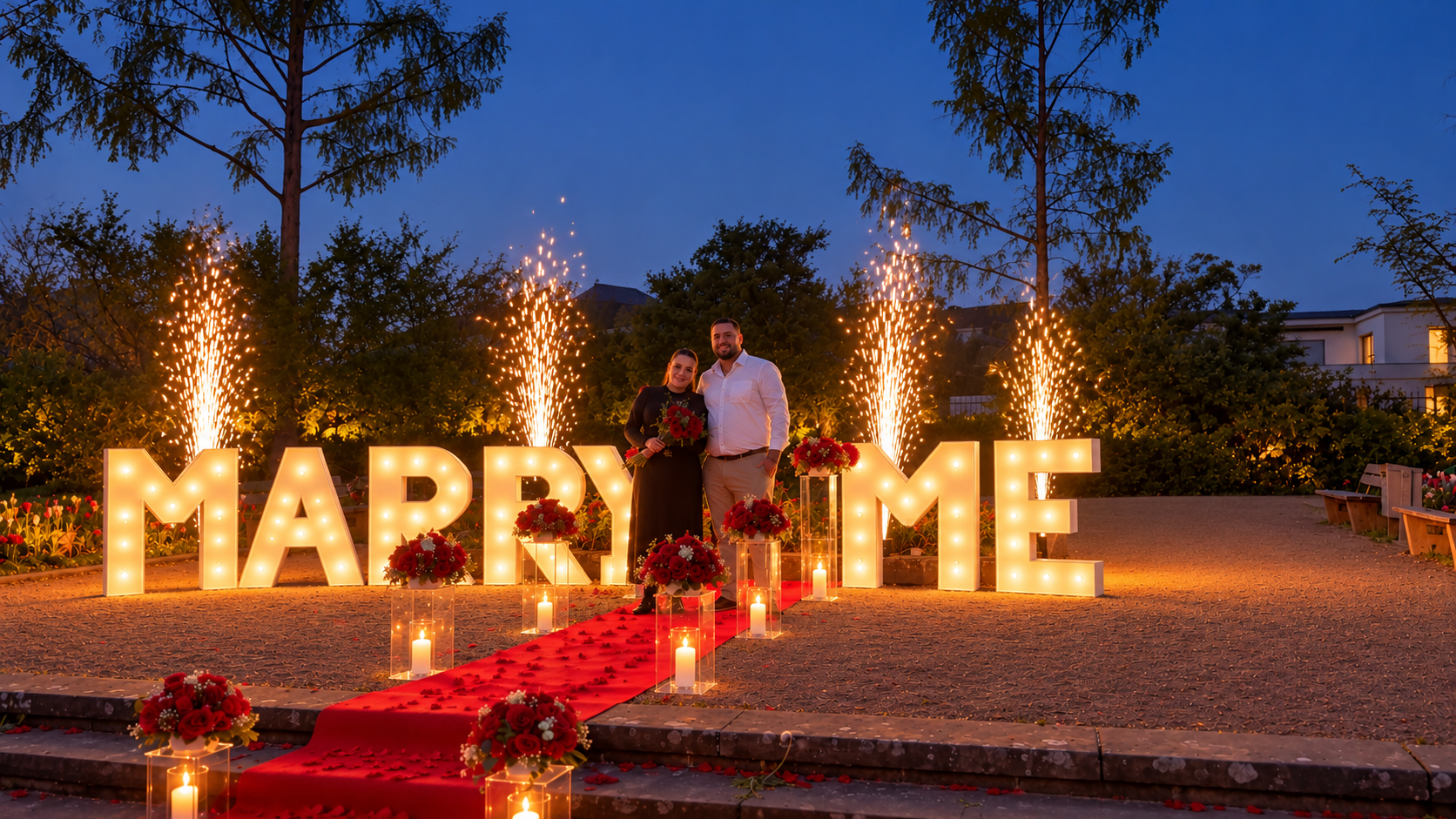 Paar zwischen leuchtenden Marry-Me-Buchstaben, Blumen und Fontänen in Aschaffenburg