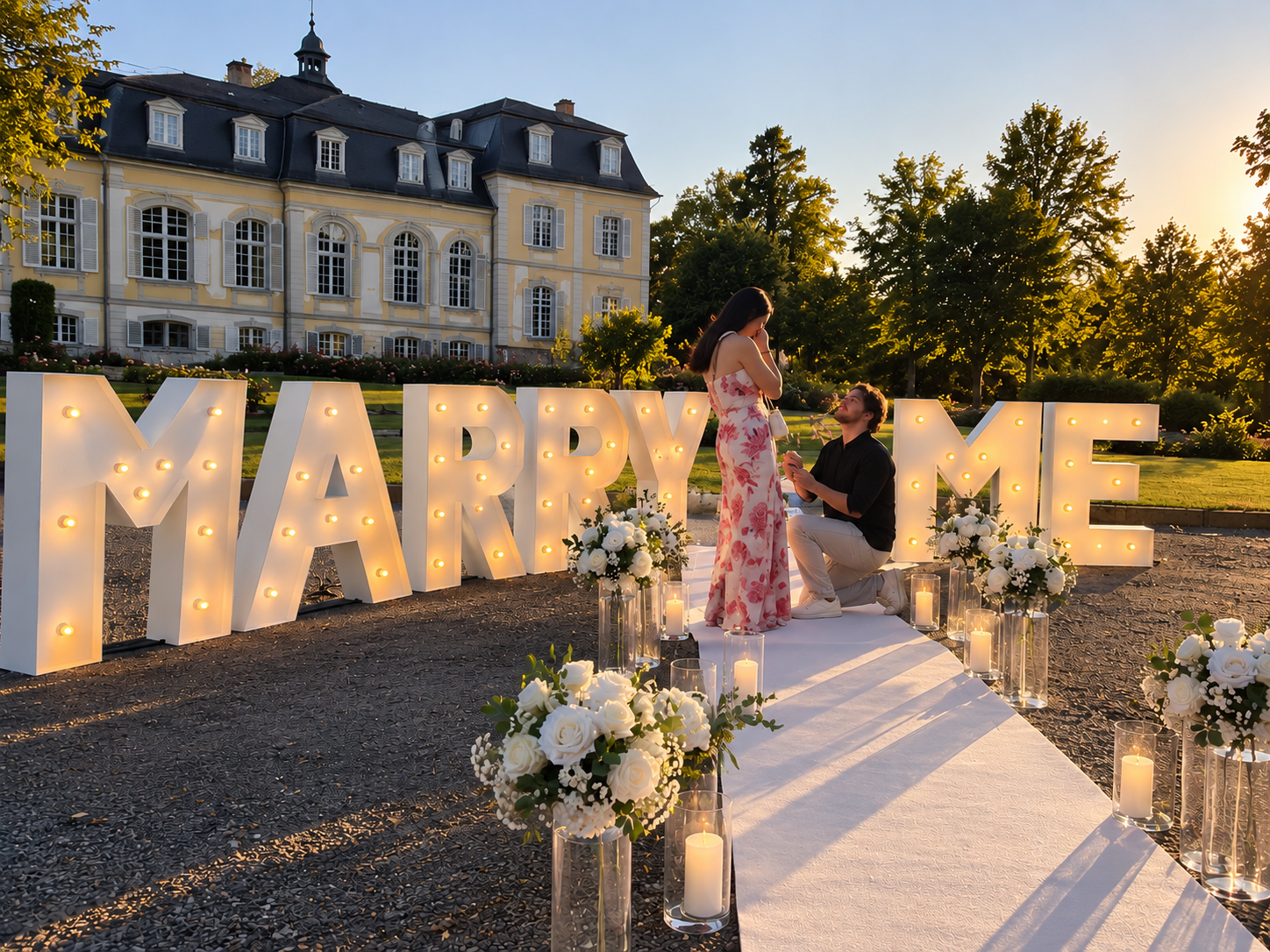 Heiratsantrag vor Schloss Brühl mit weißem Teppich, Blumen und Marry-Me-Buchstaben