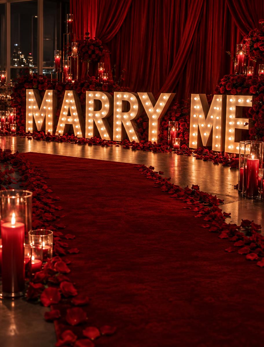 Roter Antrag mit Marry-Me-Buchstaben, rotem Teppich und roten Herzen