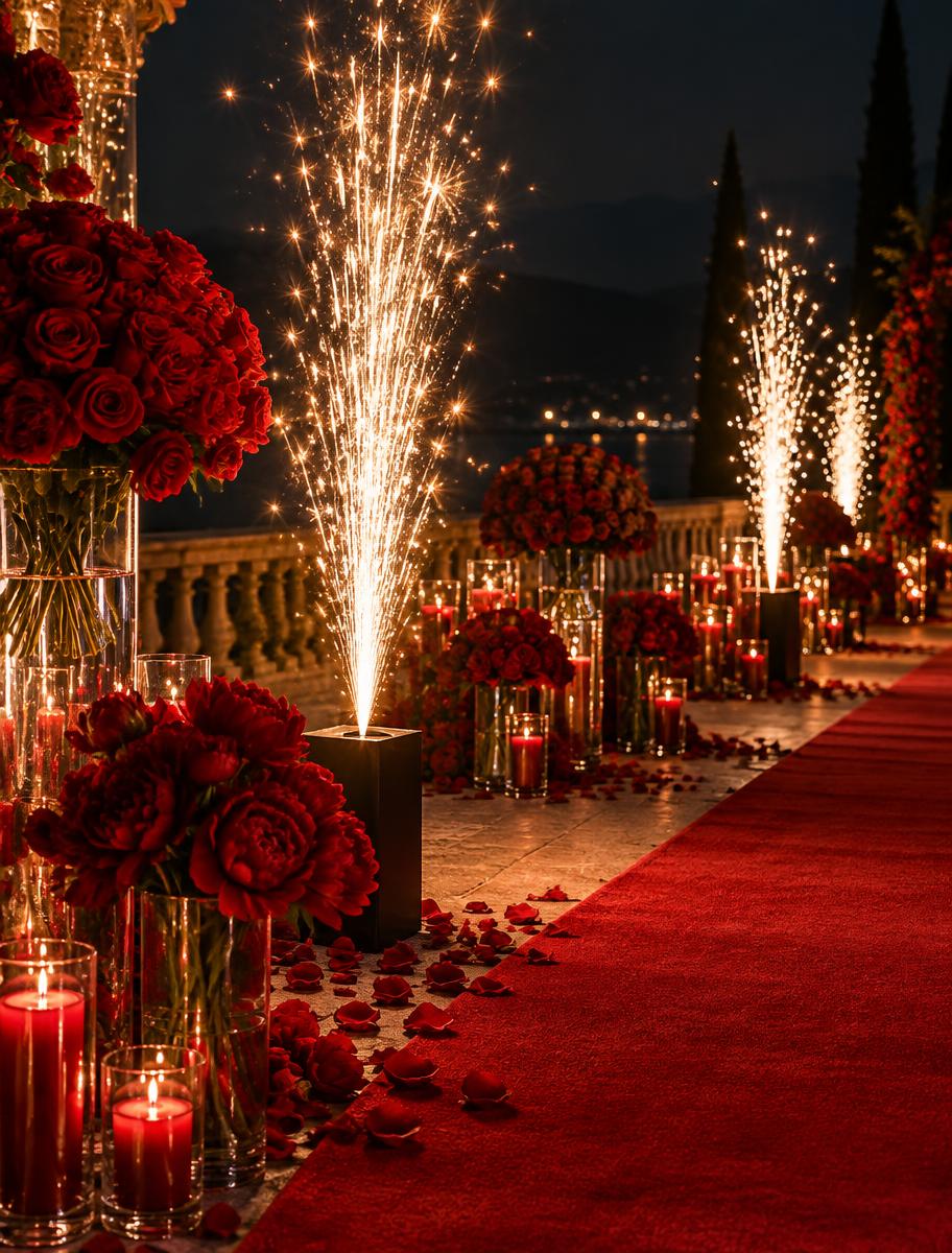 Roter Antrag mit Blumen und kalten Fontänen