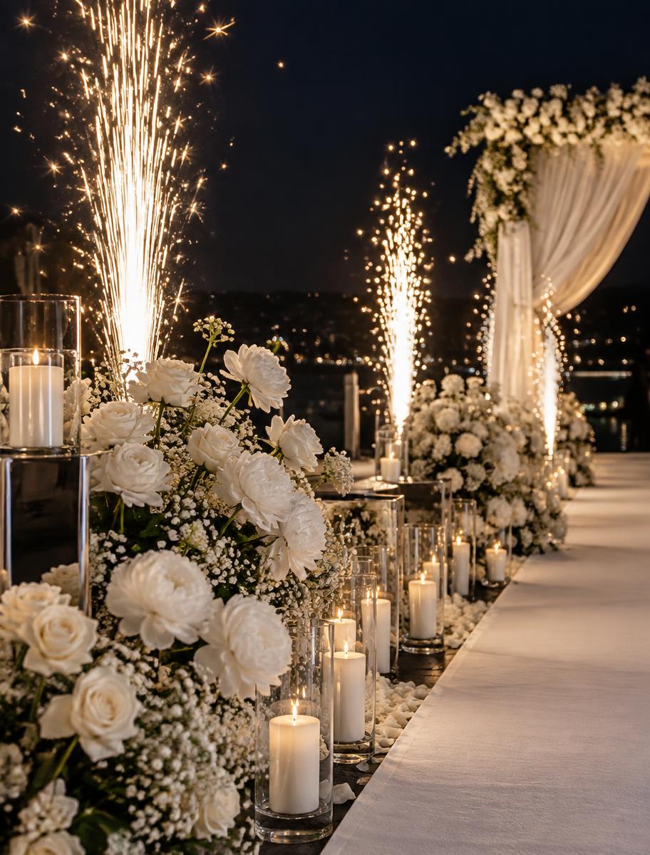 Weißer Antrag mit Blumen und kalten Fontänen